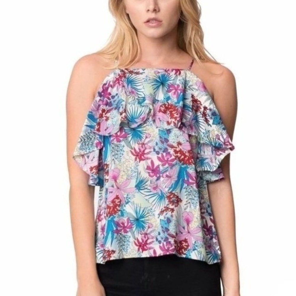 Womens Tropical Palm Floral Print Ruffle Tank Top Medium Beach Vacation Nautical